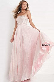 Jovani Kids K04443 This is a sparkly long formal dress for girls and preteens.  It is strapless and has a straight neckline.  The bodice is fully embellished. The long tulle ball gown skirt has a shimmer to it.