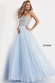 Jovani Kids K04710 This is a girls and preteen long formal dress.  It has a straight neckline and is strapless.  The bodice is embellished and the skirt is tulle and it has a corset in the back.  Great for spring formal or other formal events.