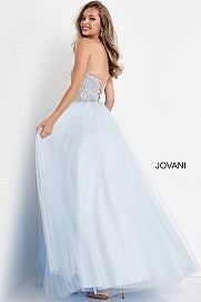 Jovani Kids K04710 This is a girls and preteen long formal dress.  It has a straight neckline and is strapless.  The bodice is embellished and the skirt is tulle and it has a corset in the back.  Great for spring formal or other formal events.