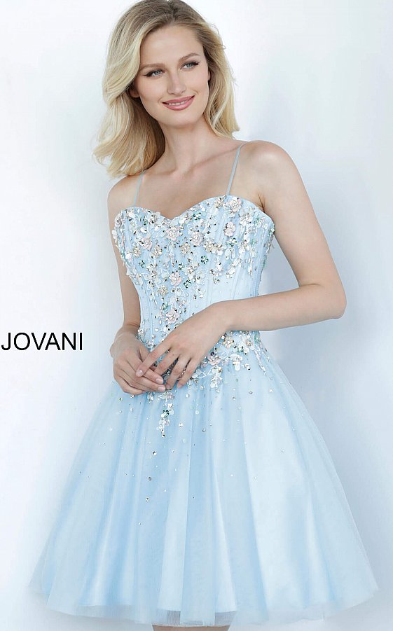 Jovani Kids K62532 Embellished Sweetheart Neckline Girls Party Dress.  Sweetheart neckline short girls Fit & Flare Cocktail Party Dress, Embellished Floral Applique & Beading along corset style bodice with boning. spaghetti straps. Flared tulle skirt. 