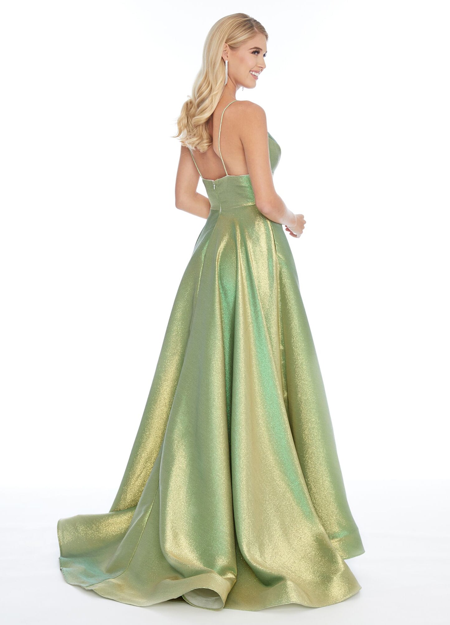 Ashley Lauren 1937 Lime/Gold Prom Dress sz 12, 14 Metallic shimmer v neckline