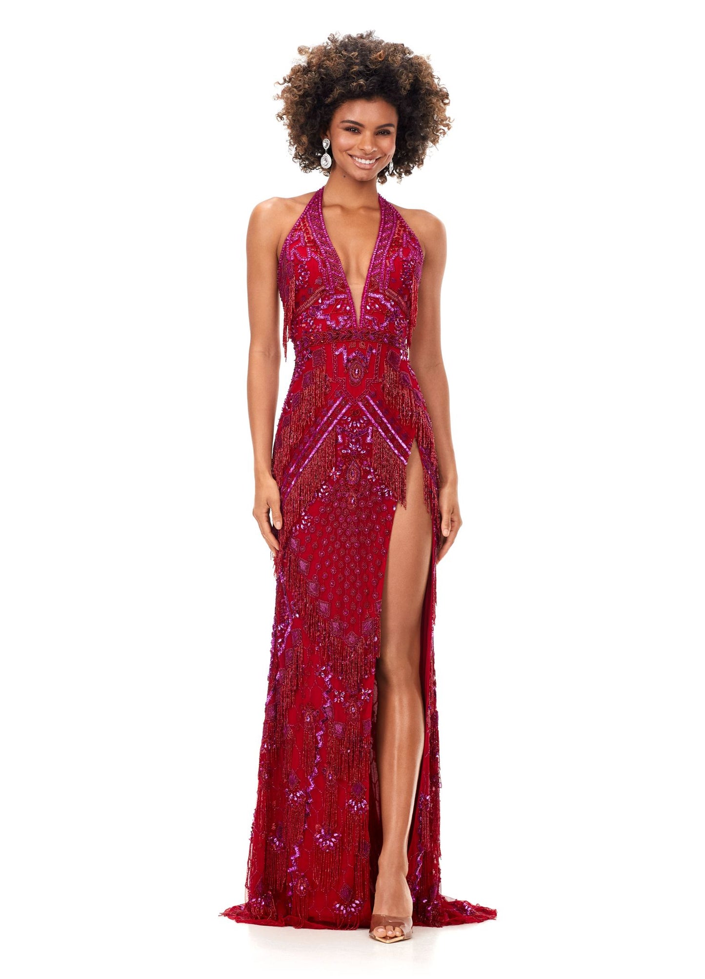 Ashley Lauren 11341 This gown has a deep v-neckline halter top, an intricate bead pattern and fringe accents. The gown is complete with an open back and side slit. Talk about perfection. V-Neckline Open Back Left Leg Slit Fully Hand Beaded COLORS: Red, Gold