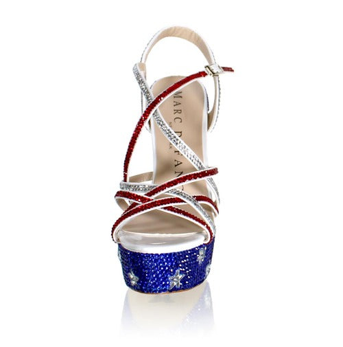 Marc Defang Marc Tops USA Red White & Blue Crystal Pageant Heels Shoes  DESCRIPTION Featured crystal color:  USA Flag Heel Height: 5.5" heels and 1.75" Platforms Comfort Strappy Sandals 100% custom handmade product, industry's highest quality standard. Our sizes are true to size based on US standard Regular Fit.   Available Sizes: 5.5, 6, 6.5, 7, 7.5, 8, 8.5, 9, 9.5, 10, 11 (Average 30 days before Arrival - custom made)