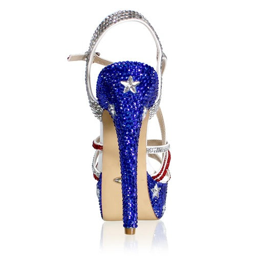 Marc Defang Marc Tops USA Red White & Blue Crystal Pageant Heels Shoes  DESCRIPTION Featured crystal color:  USA Flag Heel Height: 5.5" heels and 1.75" Platforms Comfort Strappy Sandals 100% custom handmade product, industry's highest quality standard. Our sizes are true to size based on US standard Regular Fit.   Available Sizes: 5.5, 6, 6.5, 7, 7.5, 8, 8.5, 9, 9.5, 10, 11 (Average 30 days before Arrival - custom made)