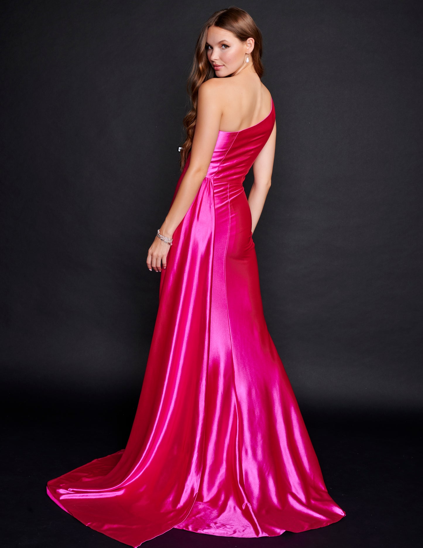 Nina Canacci 6582 One Shoulder Prom Dress with Sash on the left back of the dress.  Great Pageant Gown