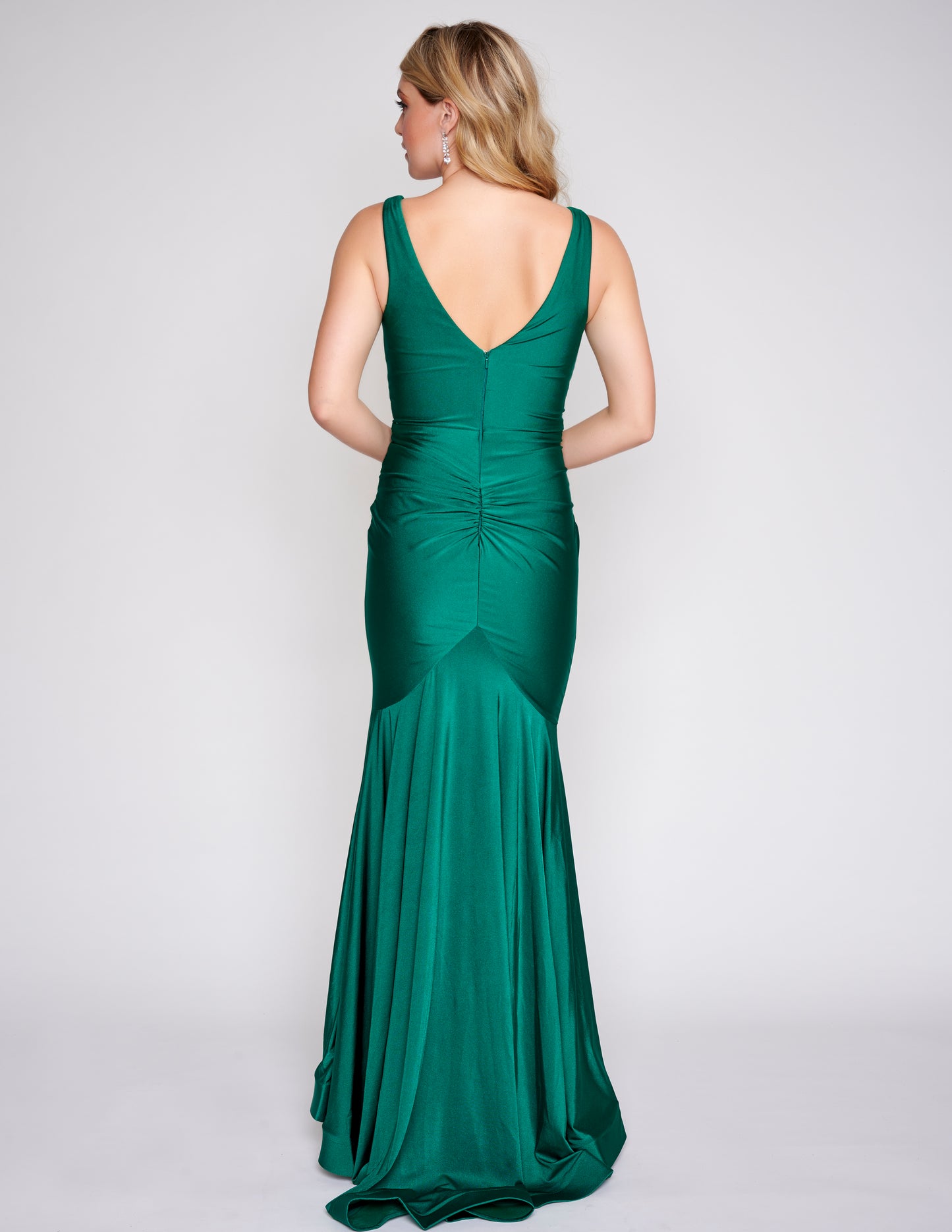 Nina Canacci 7503 Ruched Waistline Long Evening Gown in a criss cross fashion with wide straps and a v neckline