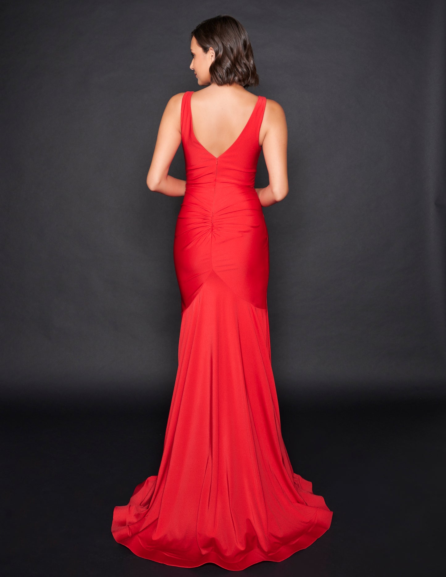 Nina Canacci 7503 Ruched Waistline Long Evening Gown in a criss cross fashion with wide straps and a v neckline