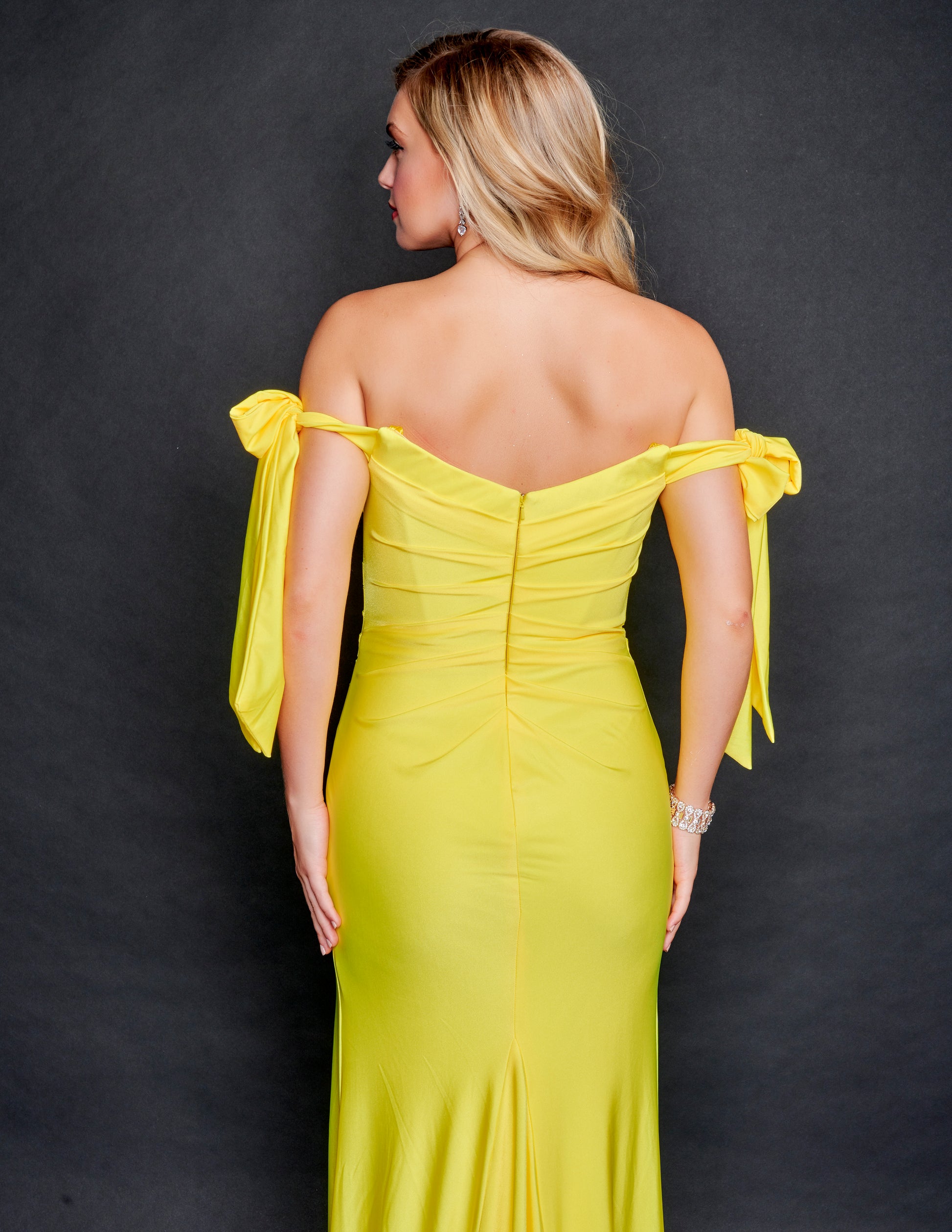 Nina Canacci 7504 Off the Shoulder Tie Straps Long Prom, Pageant and Evening Dress with sweetheart neckline and a slit