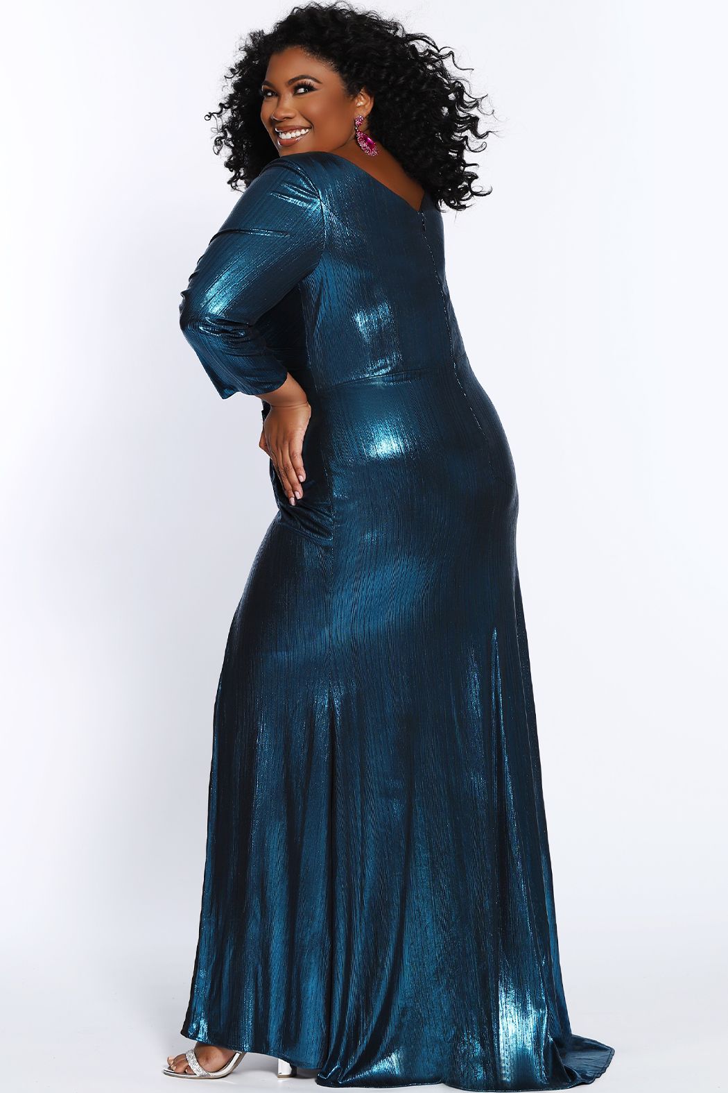 Sydney's Closet CE2015 Metallic Evening Dress Plus Sized Long Sleeves Slit