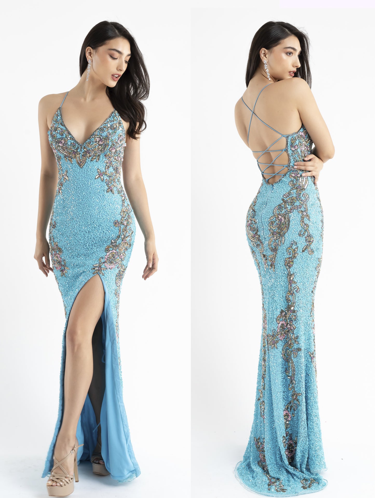 PRIMAVERA-COUTURE-3211-TURQUOISE-PROM-DRESS-FRONT-V-NECKLINE-FLORAL-BEADED-DETAILS-LONG-EMBELLISHED-SLIT-CRISSCROSS-TIE-CORSET-BACK