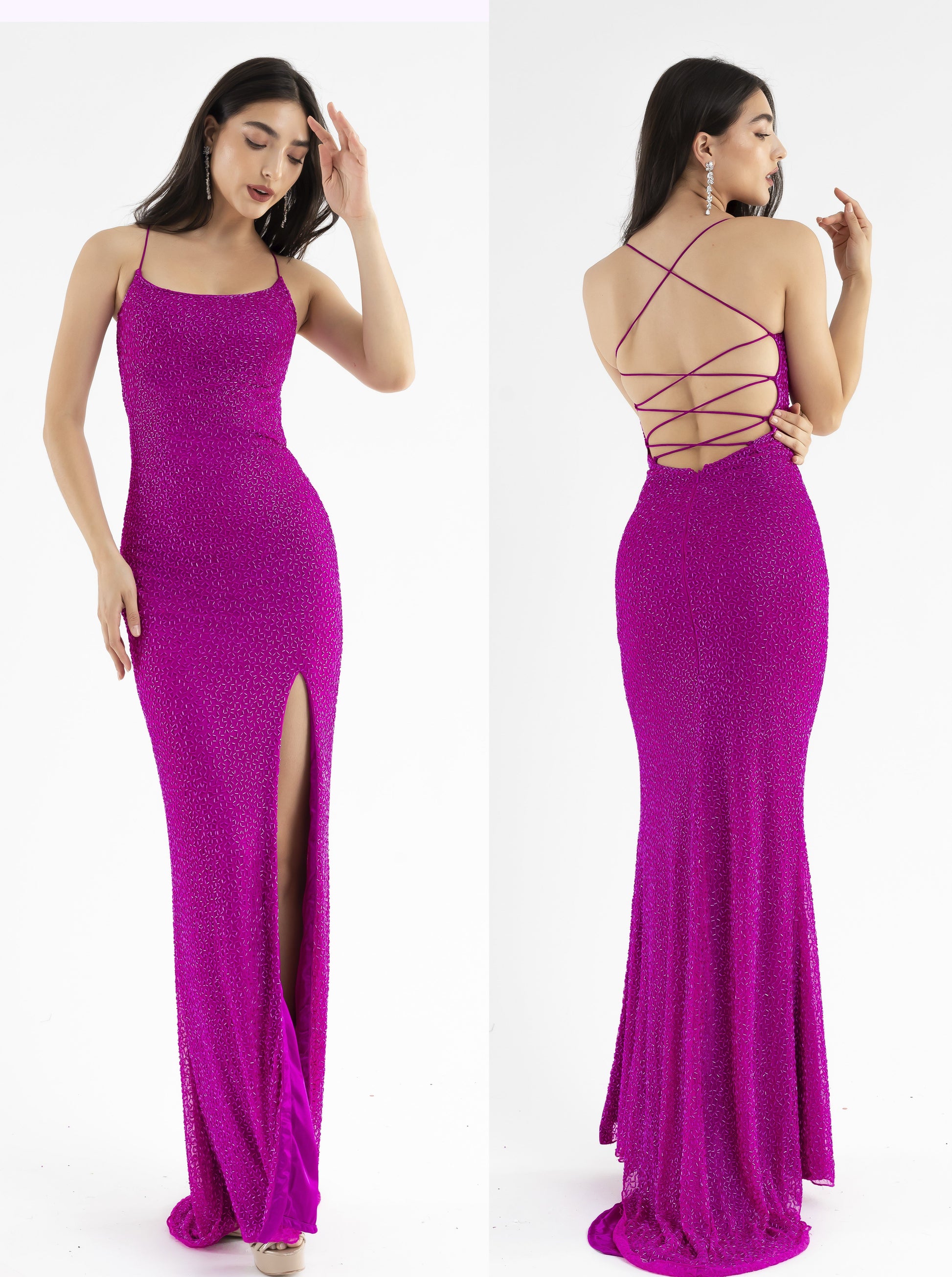 PRIMAVERA-COUTURE-3413-FUCHSIA-PROM-DRESS-FRONT-STRAIGHT-NECKLINE-BEADED-CRISSCROSS-TIE-STRAPS BACKLESS-SLIT