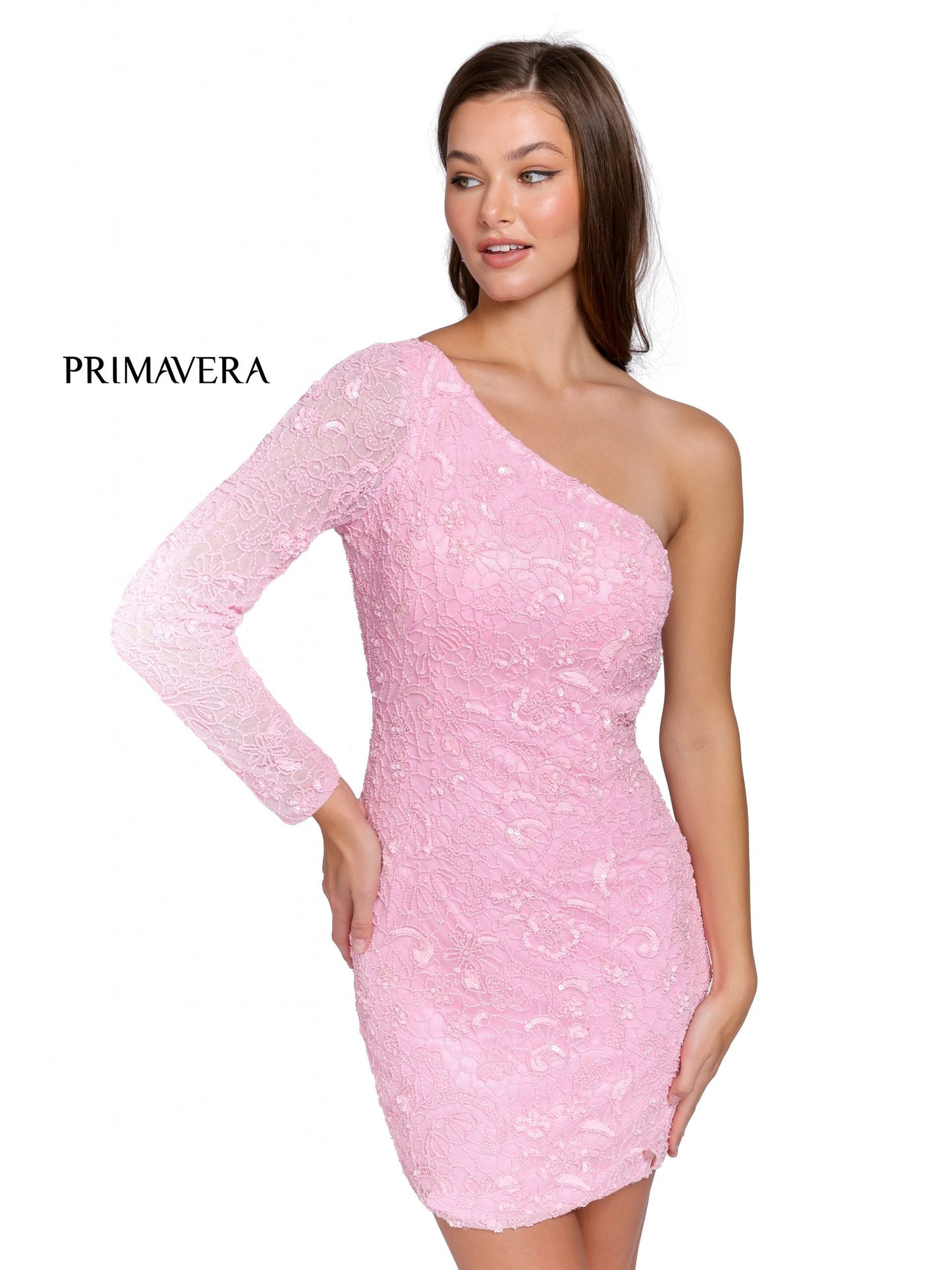 Primavera-Couture-3865-PINK-Cocktail-Dress-One-Shoulder-One-Long-sleeve-backless