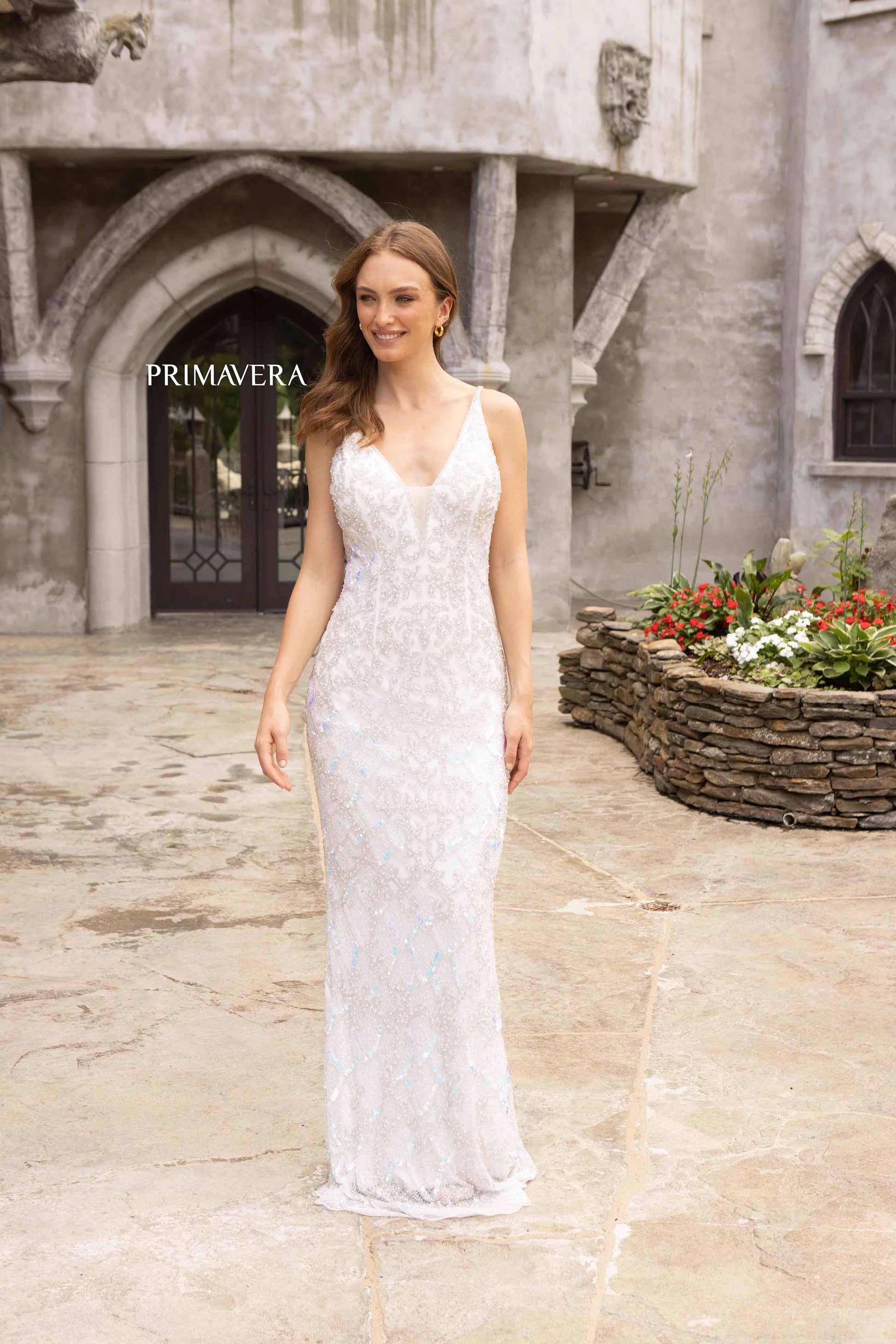 Primavera Couture 3903 Iridescent Ivory Sequined Prom Dress V Neckline wide shoulder straps fitted long evening gown.