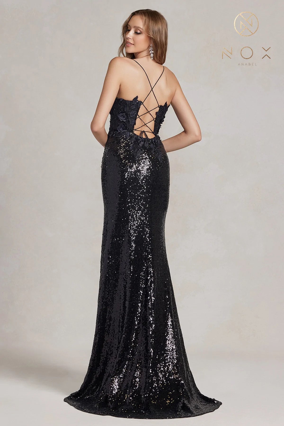 Nox Anabel R1207 Long Iridescent Floral Lace Sequin Prom Dress Slit Backless Corset Gown  Sizes: 00-16  Colors: Black, Emerald, Light Purple, Turquoise