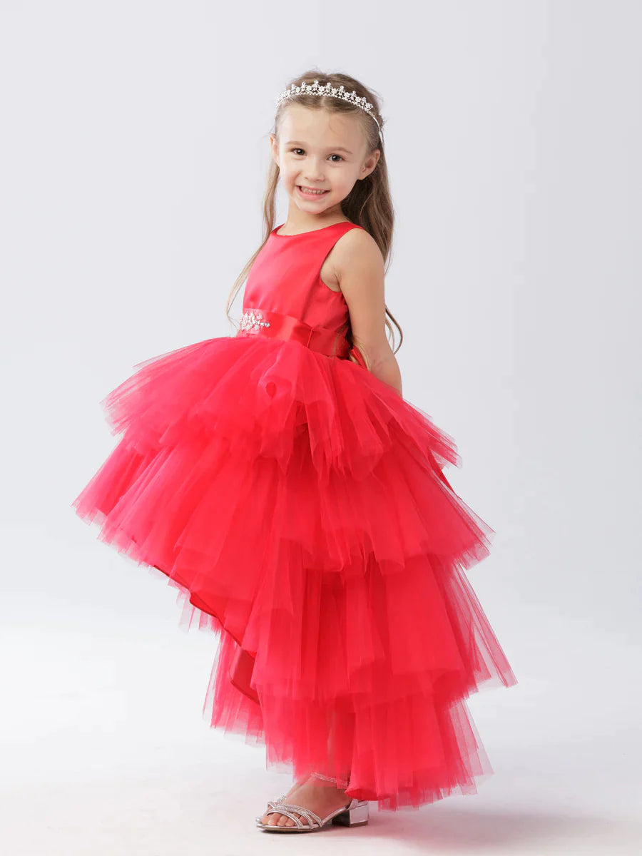 This Tip Top 5658 Girls Layered Tulle High Low Skirt Formal Dress is a perfect choice for that special day. The tulle high-low skirt, satin formal gown, and flower girl satin sash come together to create a beautiful, unique look perfect for flower girls, junior bridesmaids or formal occasions.  Sizes: 6M-16  Colors: Black, Blush, Burgundy, Eggplant, Ivory, Red, Royal Blue, White, Champagne, Lilac, Sky Blue