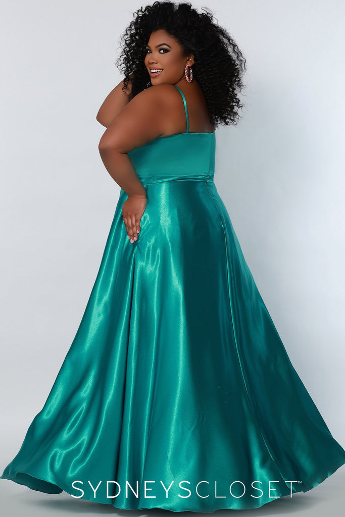 Sydneys Closet SC7338 Long A Line Plus Size Formal Prom Dress V Neck Gown Colors: Canary, Cardinal, Parakeet Size Availability: 14-32 Slim A-line Scoop neckline Matching mesh insert (7.5 inches long) 1 inch waistband Pockets ¼ inch straps, adjustable Shiny satin Fully lined