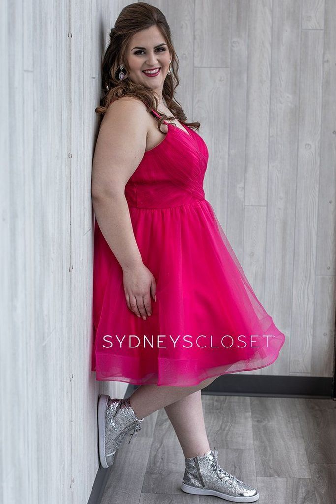 Sydney's Closet 8094 Size 26 Pink Berry Short Fit & Flare Prom Dress Plus Homecoming V Neck