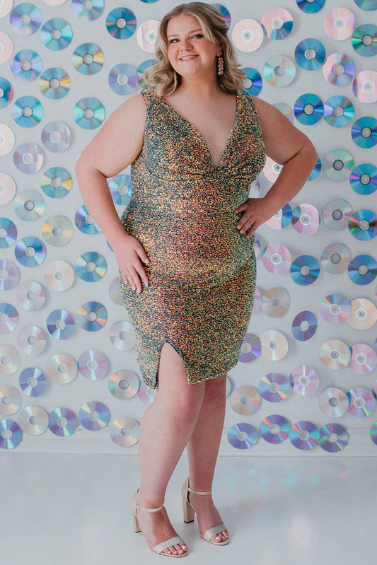 Sydneys Closet SC8110 Short Plus Size fitted Sequin Formal Cocktail Dress Slit gathered V Neckline Gown. Perfect for homecoming & Pageants! Colors: Blue Blitz, Firecracker Red, Green Surge Size Availability: 14-28 Multi-colored sequins Slim empire silhouette Above-knee Length V-neckline Sleeveless