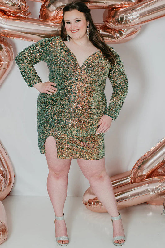 Sydneys Closet SC8111 Short Sequin Long Sleeve Plus Size Formal Cocktail dress V Neck Gown Great for homecoming & any social event!   Colors: Blue Blitz, Firecracker Red, Green Surge Size Availability: 14-28 Multi-colored sequins Slim empire silhouette Above-knee Length V-neckline