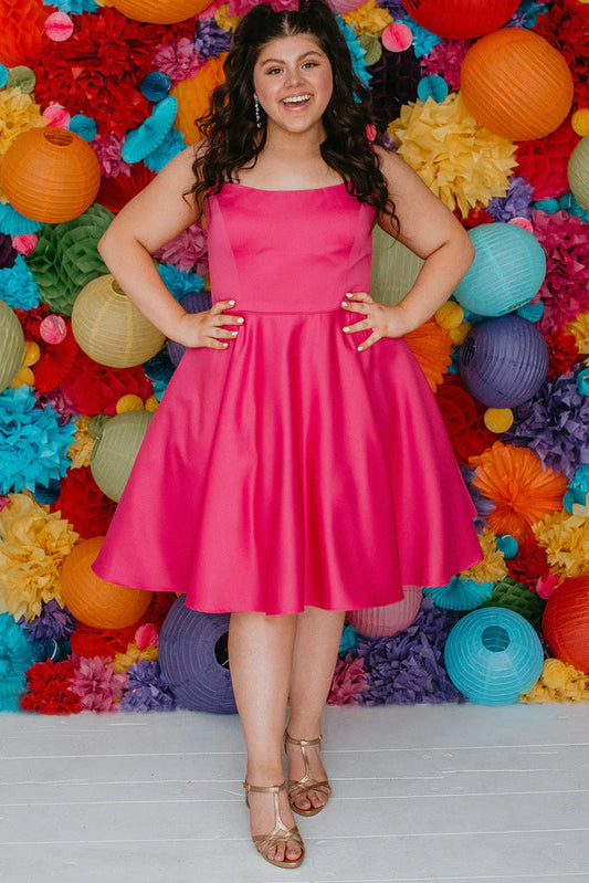 Sydneys Closet SC8115 Size 16, 24 Fuchsia Plus Size Satin A Line Formal Cocktail Dress Homecoming Pockets