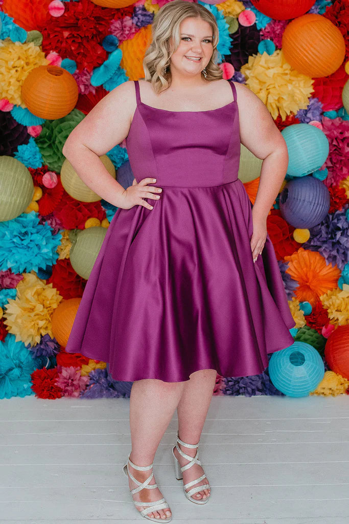 Sydneys Closet SC8115 Size 16, 24 Fuchsia Plus Size Satin A Line Formal Cocktail Dress Homecoming Pockets