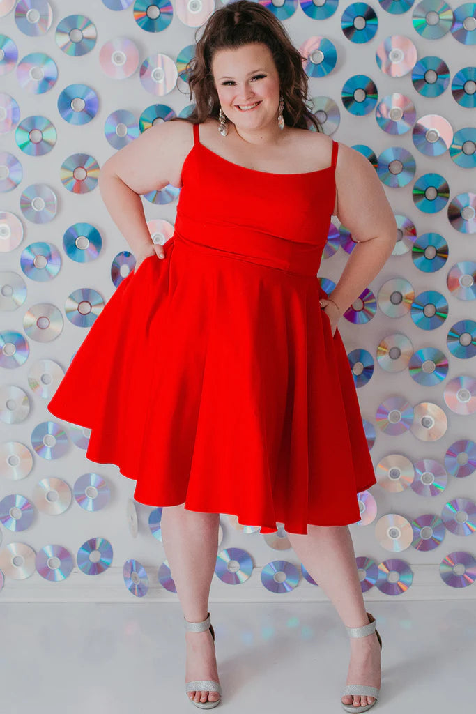 Sydneys Closet SC8115 Size 16, 24 Fuchsia Plus Size Satin A Line Formal Cocktail Dress Homecoming Pockets