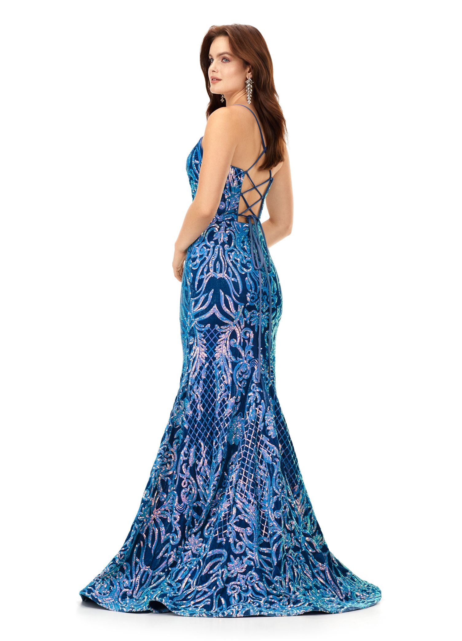 Ashley Lauren 11331 Make an entrance in this velvet sequin gown. The spaghetti straps are sure to provide the perfect fit. The sequin applique is perfectly placed throughout the gown to compliment your curves. The look is complete with a sweep train. Spaghetti Straps Lace Up Back Sweep Train Velvet Sequin COLORS: Blue, Fuchsia/Black, Turquoise/Royal