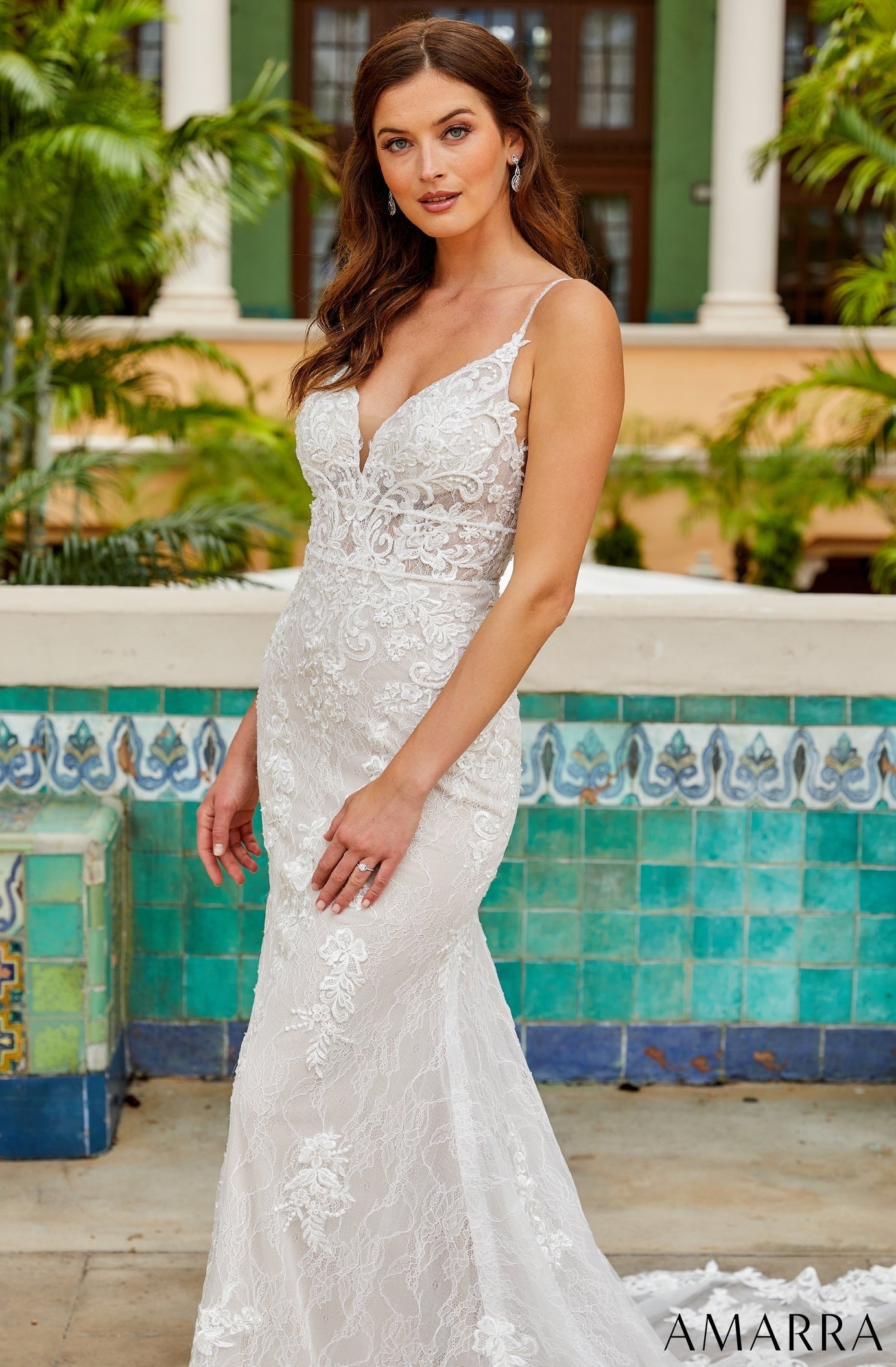 Amarra SADIE 84383 Fitted sheer lace wedding dress Bridal Gown Train V Neck Elegant Look and feel like the beautiful bride you are in this simple, yet stunning slip dress. Featuring a lovely lace design throughout, Sadie is a ravishing wedding dress that’s sure to have all eyes on you. 