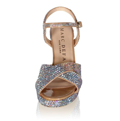 Marc Defang Savannah 4" Block AB Crystal Pageant Heel Prom Shoes   DESCRIPTION 4" Block heels, 1" Platforms AB Crystals handcrafted Perfect pre-teen and Teen heels!  Single strap at the toe Quick hook-on buckle for easy changing Light weight, performs amazingly well on stage and runway. Medium Width, run true to size. Available Sizes: 5, 5.5, 6, 6.5, 7, 7.5, 8, 8.5, 9, 9.5, 10, 11