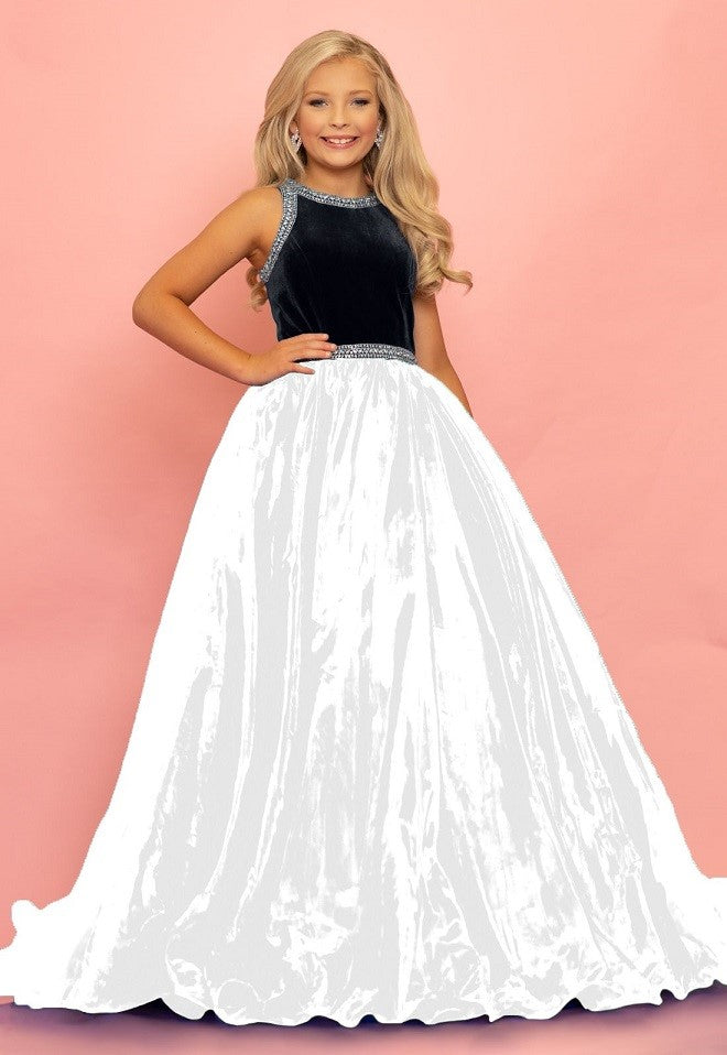 Sugar-Kayne-C124-by-Johnathan-Kayne-is-a-stretch-satin-bodice-girl-pageant-dress-Black-white