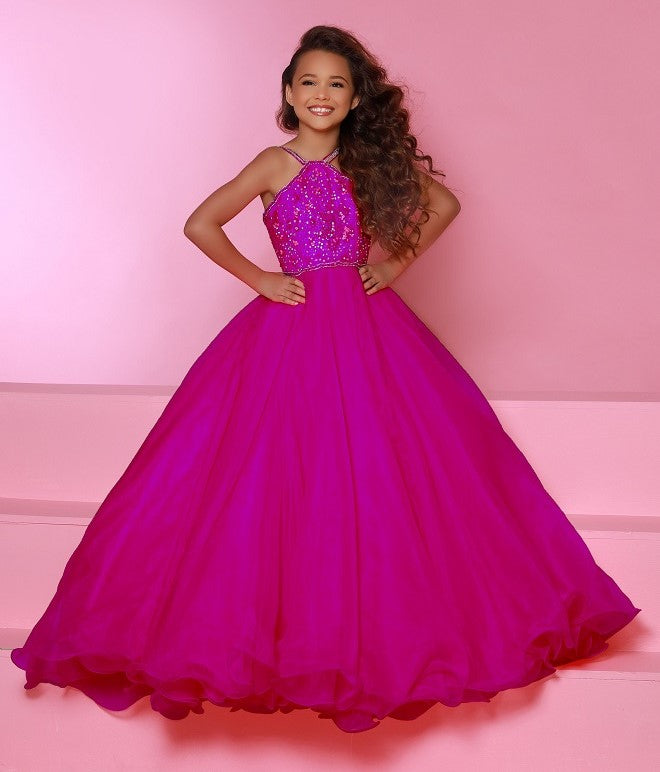 Sugar-Kayne-c143-Red-girls-pageant-ballgown-high-neckline-embellished-lace-organza-kids-gown