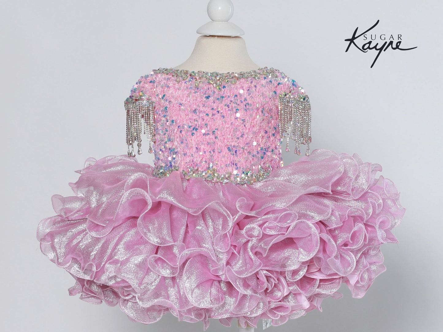 Sugar Kayne C203 Short Girls Cupcake Velvet Sequin Pageant Dress Crystal Fringe Tassel Cap Sleeve corset back  Sizes: 0M, 6M, 12M, 18M, 24M, 2T, 3T, 4T, 5T, 6T  Colors: Cotton Candy, Powder Blue, Unicorn