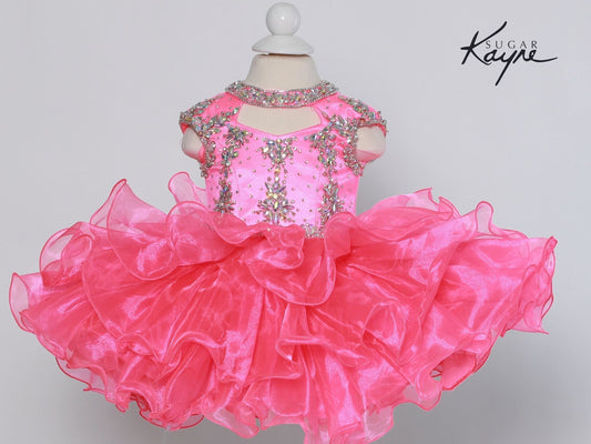 Sugar Kayne C207 Short Cupcake High Neckline Pageant Dress Girls Corset Ruffle Skirt  Sizes: 0M, 6M, 12M, 18M, 24M, 2T, 3T, 4T, 5T, 6T  Colors: Grape, Hot Coral, Electric Blue