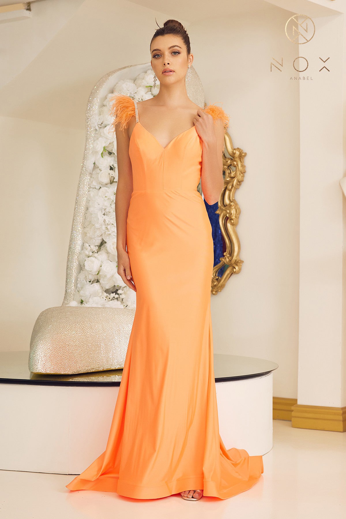 Nox Anabel T1138 Long Fitted Jersey Feather Prom Dress Ruched V Neck Formal Gown  Sizes: 00-16  Colors: Black, Neon Orange, Red