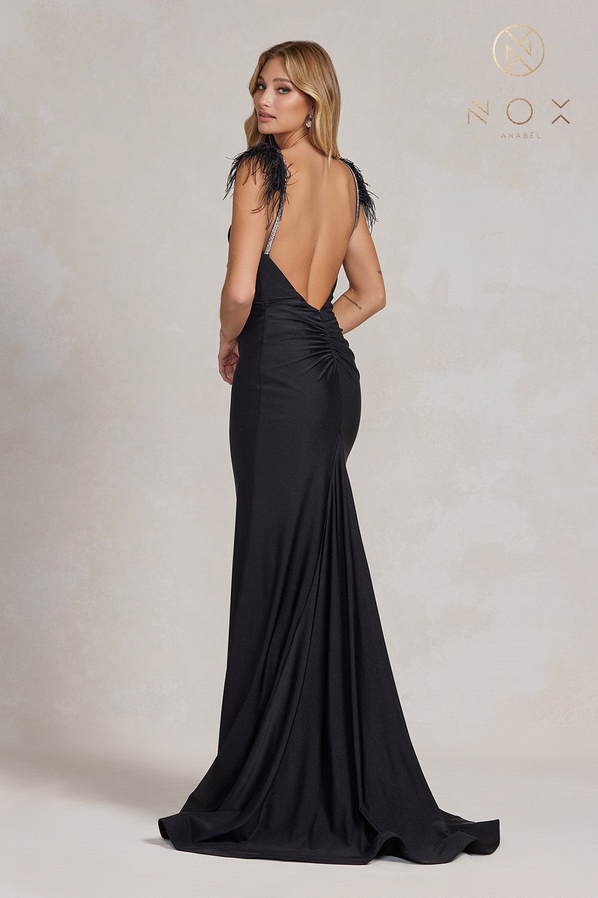 Nox Anabel T1138 Long Fitted Jersey Feather Prom Dress Ruched V Neck Formal Gown  Sizes: 00-16  Colors: Black, Neon Orange, Red