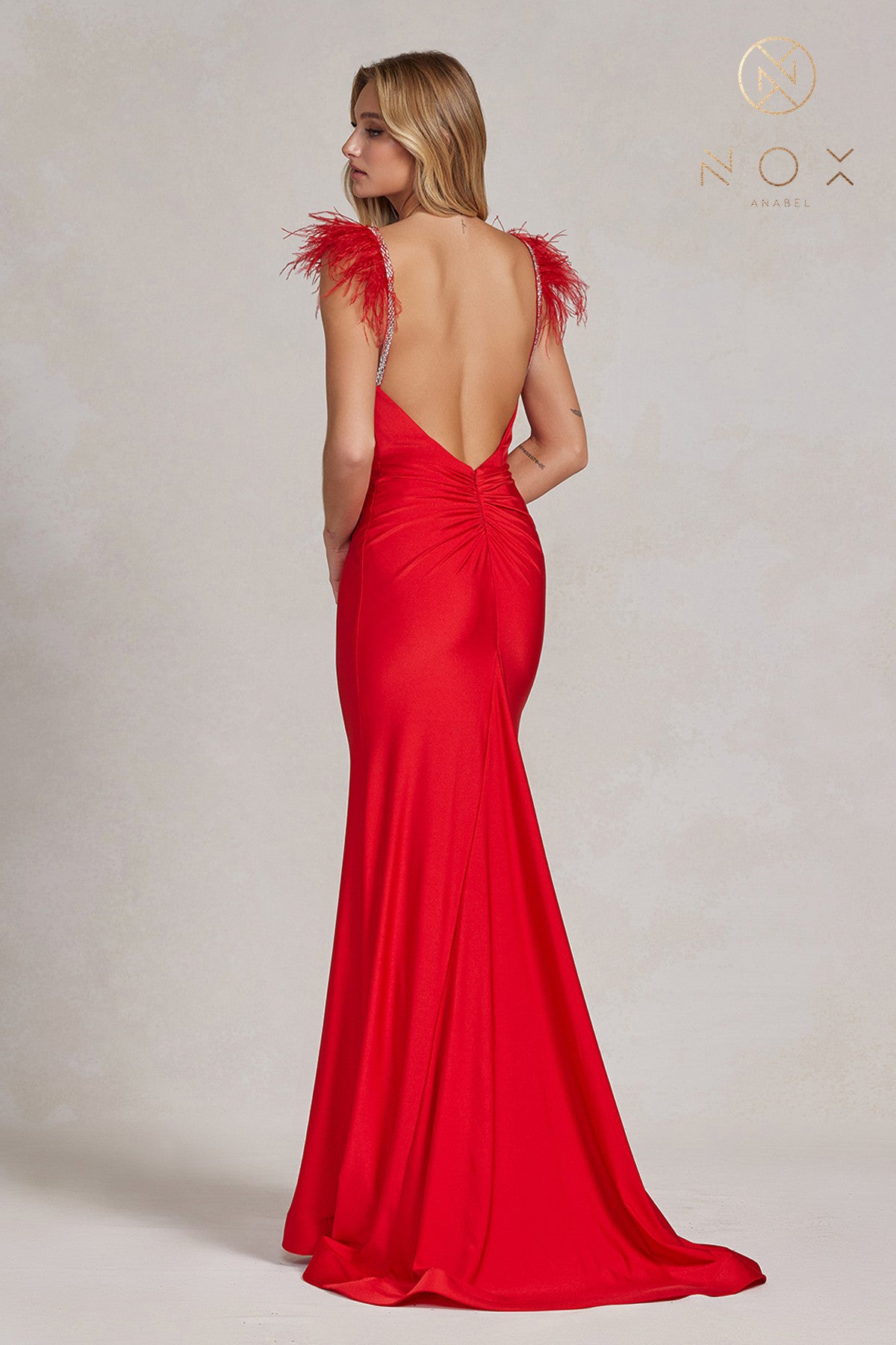 Nox Anabel T1138 Long Fitted Jersey Feather Prom Dress Ruched V Neck Formal Gown  Sizes: 00-16  Colors: Black, Neon Orange, Red