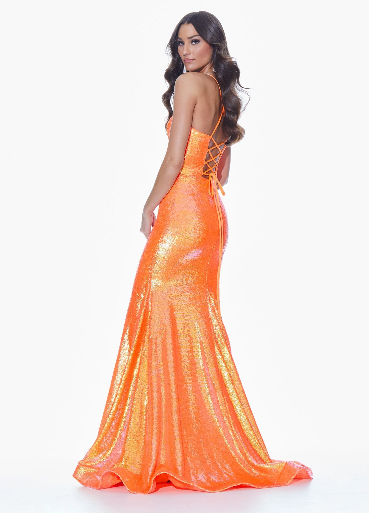 Ashley Lauren 11024 Coral Size 4 Sequin Prom Dress with Lace Up Back Pageant Gown