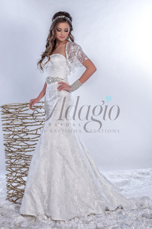 Adagio Bridal W9149 strapless sweetheart neckline long fit and flare lace wedding dress bridal gown with bolero jacket and crystal belt attached to waist with a train category wedding dresses bridal gowns destination bridal gowns white 