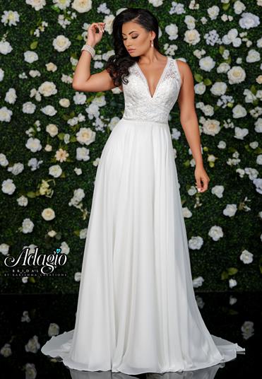 Adagio Bridal W9342 v neckline applique lace bodice chiffon A line wedding dress bridal gown. Plunging V Neckline with sheer illusion lace wrapping around to create a keyhole cutout open back. very lush chiffon skirt with sweeping train.  Available colors:  White  Available sizes:  8