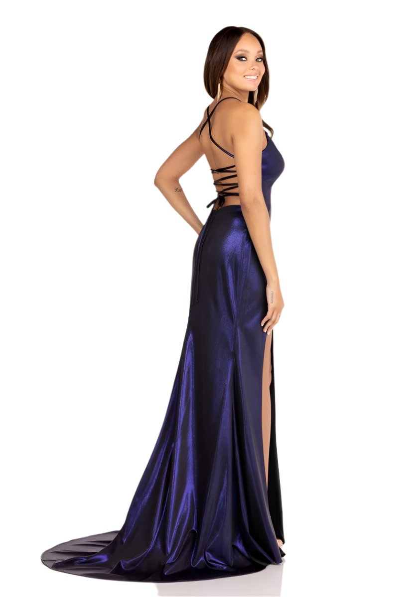 The Abby Paris 90124 is a long, fitted gown made of metallic shimmer fabric with a deep corset back and a high-low slit. Its slim silhouette is designed to flatter, while the corset lacing accentuates the figure and the slit adds a touch of allure. Perfect for formal occasions.  Sizes: 2  Colors: Midnight Blue