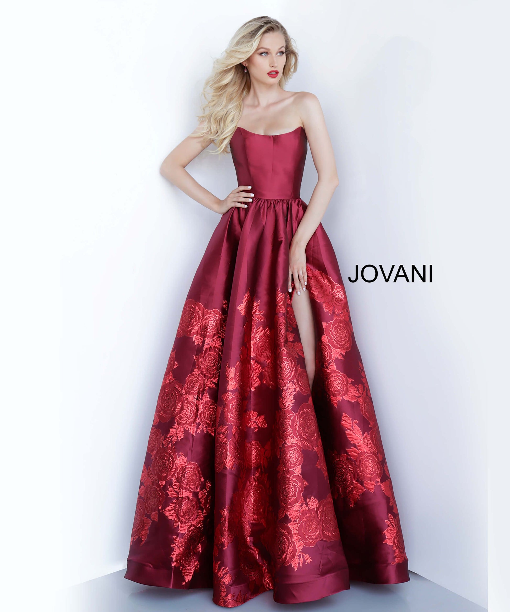 Jovani 02038 Floral Print Ballgown with Slit Evening Dress Prom Dress V Points Neckline  Floral print A-line prom gown, ruched at waist, high slit, floor length, sweeping train, strapless bodice, scoop neckline with V points.