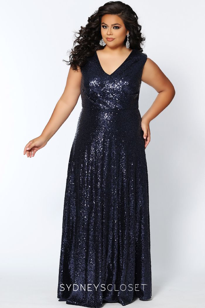 Sydney's Closet CE1801 - Long Sequin Plus Size Prom Dress. Look red-carpet ready in this glamorous plus size floor-length sequin evening gown. This contemporary sleeveless sequin gown design features bra-friendly straps and a sexy V-neckline. Soft knit lining stretches for an oh-so-comfy fit! Soft-draped bodice accentuates your curves. You’ll be photographed like a movie star at Prom, a Military Ball, or Gala. City Lights  Celebrations CE 1801