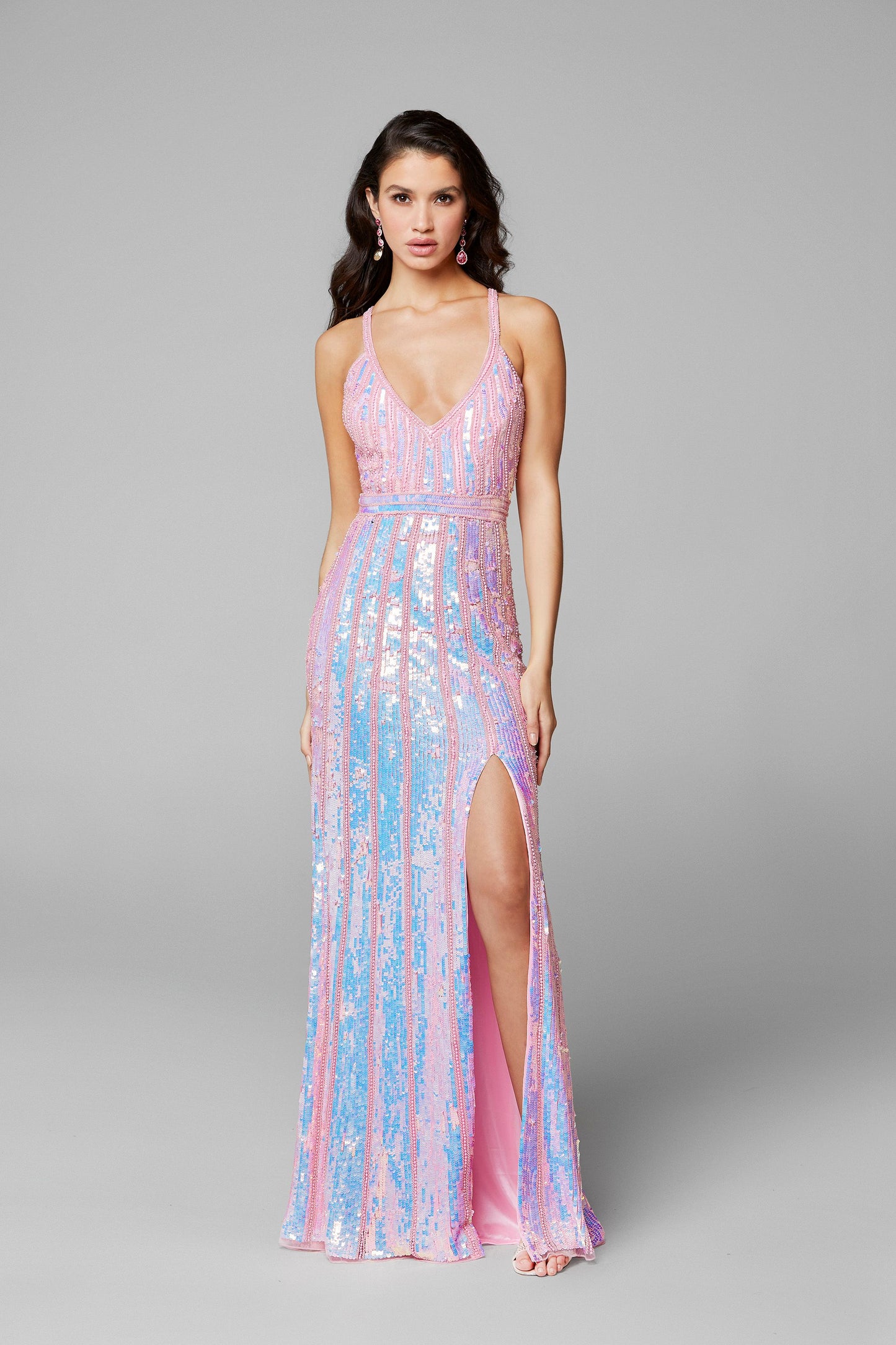 Primavera Couture 3441 is a iridescent sequins long formal Prom Dress, Pageant Gown, Wedding Dress & Formal Evening Wear gown. Featuring a v neckline with Iridescent Multi sequins and Hand Embellishments. This evening gown is perfect for any formal event! Slit in skirt. Color Pink