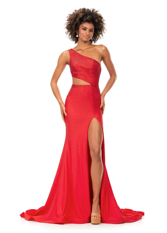 Ashley Lauren 11337 Stand out in this fitted one shoulder jersey gown embellished with heat set stones. The look is complete with an asymmetrical sharkbite cut out and left leg slit. One Shoulder Cut Out Heat Set Stones Jersey COLORS: Hot Pink, Turquoise, Black, Red, Violet