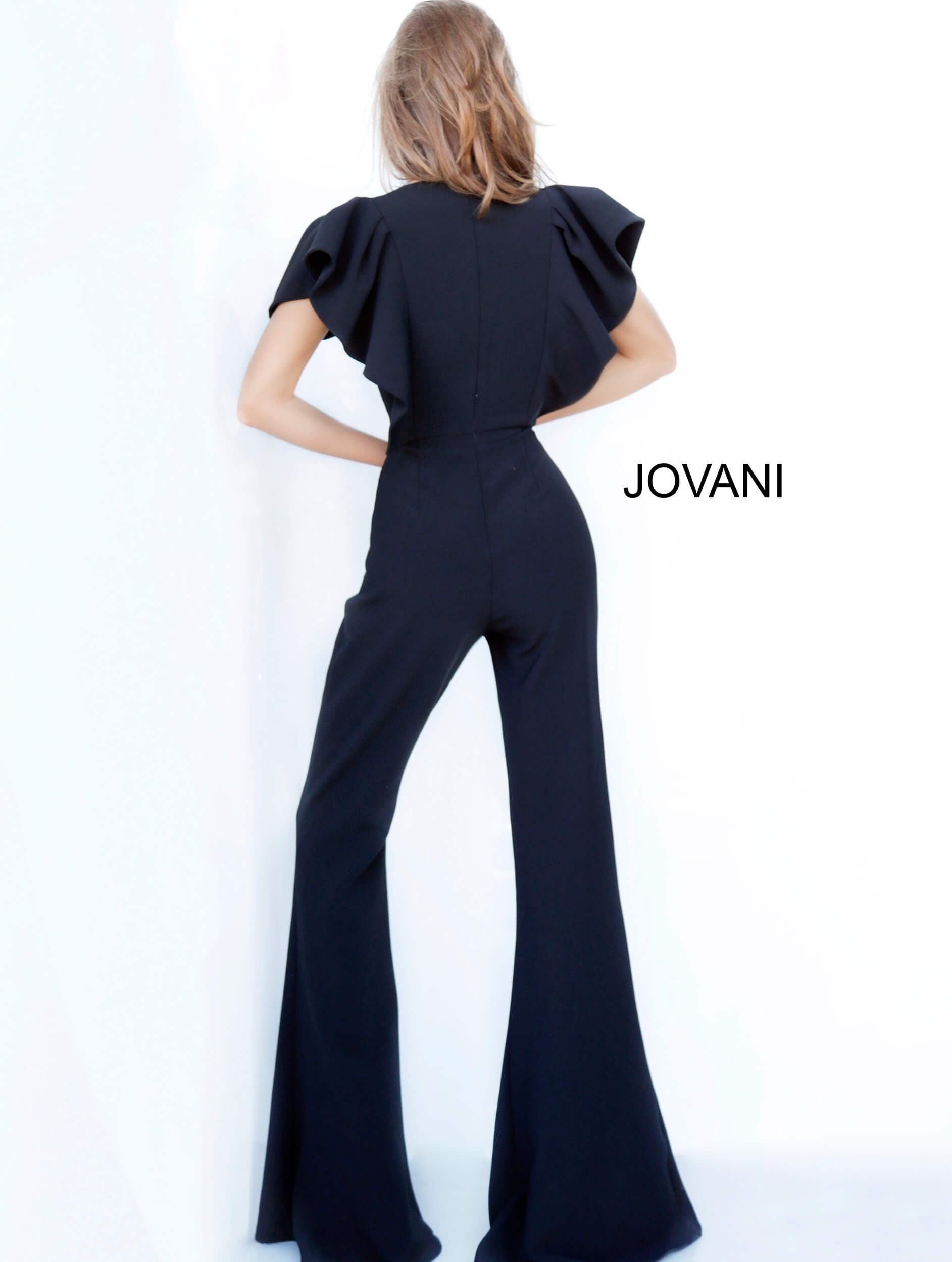 Jovani 00762 ruffle sleeve top with v neckline bell bottoms jumpsuit ruffle top bell bottoms jumpsuit Pageant Skinny V Neck Suit Couture  Available colors:  Black, Fuchsia, Ivory, Navy, Red, Tangerine, Turquoise  Available sizes:  00-24 