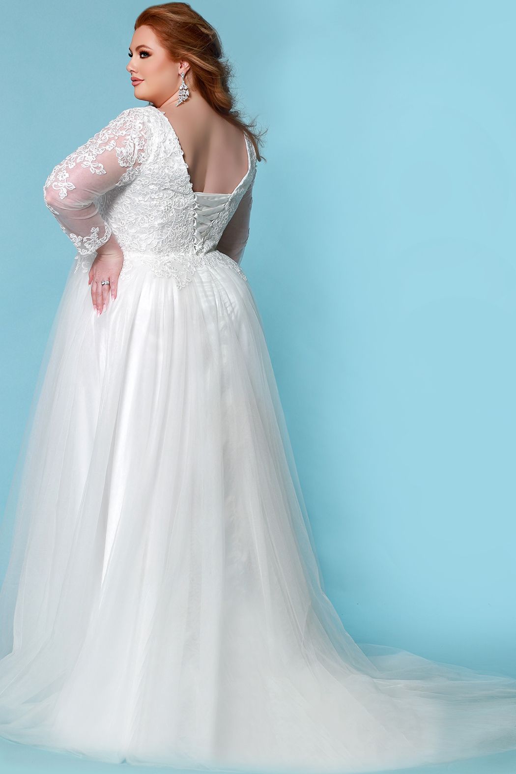 Sydney's Closet SC5271 Wedding Dress Long Sheer Lace Sleeves Chapel Length Train SC 5271 Laura Beth