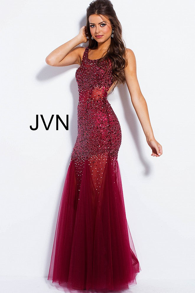 Jovani JVN55771 Size 0 Wine beaded Sheer tulle prom dress Mermaid Formal Gown