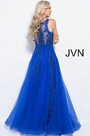 JVN59046 Royal lace applique long prom dress ball gown evening gown with sheer lace back with zipper and sheer lace neckline 