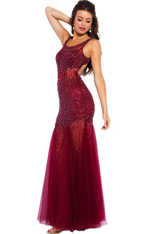 Jovani JVN55771 Size 0 Wine beaded Sheer tulle prom dress Mermaid Formal Gown