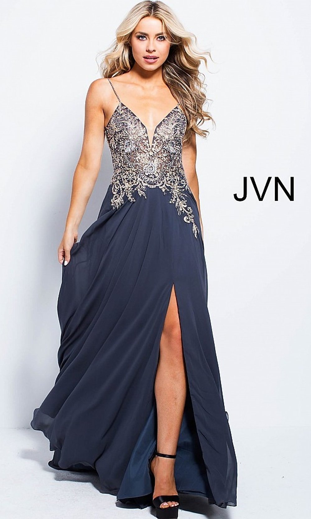 JVN55885 embellished bodice plunging neckline flowy chiffon a line prom dress available in Off White, Charcoal, Navy, Pink, Off White or Sky Blue